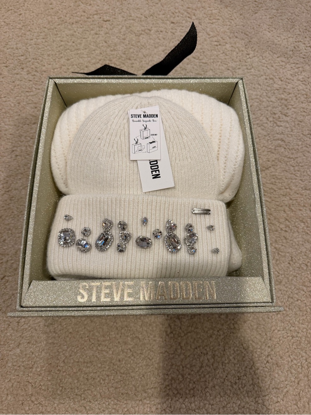 Steve Madden Ivory Crystal Embellished Knit Beanie and scarf set